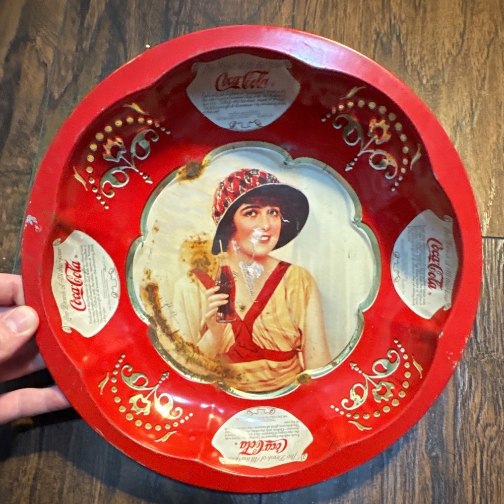 Vintage Coca-Cola Advertising Tray Red Woman Holding Coke Bottle Graphic Tin